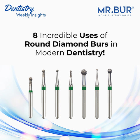 Eight round diamond burs displayed for modern dental procedures highlighting versatile clinical applications supplied by Mr Bur.