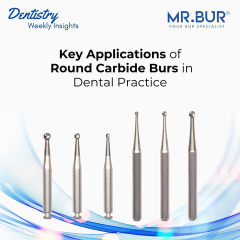 Round carbide burs shown in various sizes for clinical use by Mr. Bur highlighting precision cutting and versatility in dental procedures.