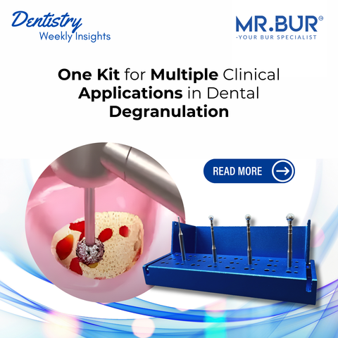 Mr. Bur degranulation kit featuring extended neck diamond coated burs designed for precise granulation tissue removal in periodontal, implant, and extraction site procedures.