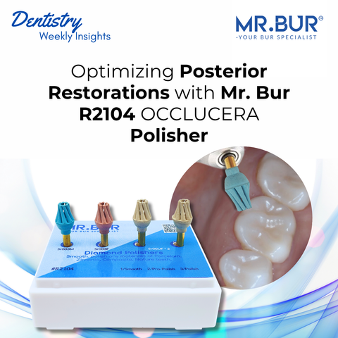 Mr. Bur R2104 OCCLUCERA Polisher optimizes posterior restorations with high-gloss precision on zirconia, porcelain, composite, and natural enamel surfaces.