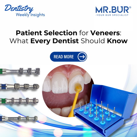 Mr. Bur Veneer Preparation Kit FG supports controlled and conservative veneer preparation with precise depth cutting burs for predictable aesthetic outcomes.