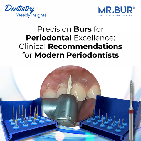 Mr. Bur Periodontal Series featuring specialized burs for gingivectomy, root planing, flap surgery, and polishing to enhance periodontal treatment precision and healing.