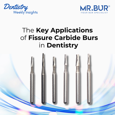 Image illustrating the key applications of Fissure Carbide Burs in dentistry, including cavity preparation, root canal access, crown and bridge preparation, and the removal of decay and debris using Mr. Bur Fissure Carbide Burs.