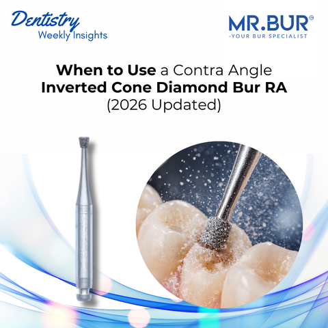 Mr. Bur Contra Angle Inverted Cone Diamond Bur RA used for cavity preparation, dentin shaping, and internal retention undercuts in restorative dentistry.