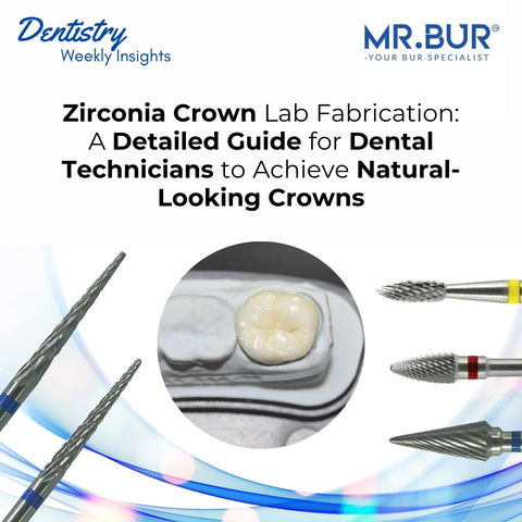 Mr. Bur tungsten carbide laboratory series offers precision and durability for zirconia crown lab fabrication, ensuring dental technicians achieve natural-looking results with efficient material removal and fine finishing.