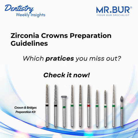 This picture shows the Mr Bur Crown & Bridge Preparation Kit FG that is useful for the zirconia crowns preparations