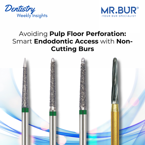 Mr. Bur non cutting end burs prevent pulp floor perforation ensuring safe and precise endodontic access during root canal preparation.