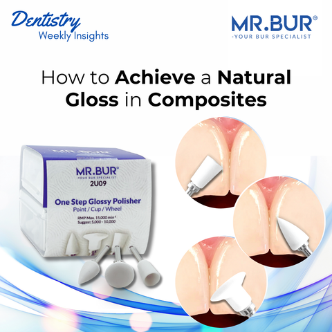 Mr. Bur 2U09 One Step Glossy Composite Polishing Kit RA designed for efficient composite polishing, providing a high-gloss finish in a single step, enhancing esthetics and reducing plaque accumulation for long-lasting restorations.