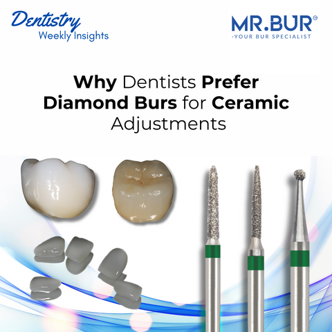 Mr. Bur diamond bur for ceramic adjustment provides precise, controlled cutting on zirconia, porcelain, and lithium disilicate, ensuring smooth surfaces and minimal risk of microcracks.