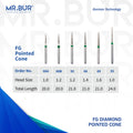 These are six variants of the Pointed Cone Coarse FG Diamond Bur sold by Mr Bur the best international dental diamond bur supplier the dental bur head sizes shown here are 1.0mm 1.2mm 1.4mm