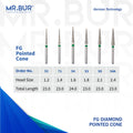 6 variants of the Pointed Cone Coarse FG Diamond Bur sold by Mr Bur the best international dental diamond bur supplier the dental bur head sizes shown here are 1.2mm 1.4mm 1.6mm 1.8mm 2.1mm 2.4mm