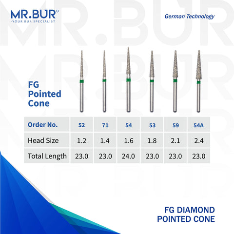 6 variants of the Pointed Cone Coarse FG Diamond Bur sold by Mr Bur the best international dental diamond bur supplier the dental bur head sizes shown here are 1.2mm 1.4mm 1.6mm 1.8mm 2.1mm 2.4mm