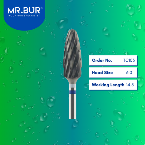 Mr. Bur TC103 CVD Coated Cross Cut Standard Tungsten Carbide Bur for Plaster is ideal for 3D acrylic denture work, denture technique, plastering, prosthodontics, and restorative procedures.