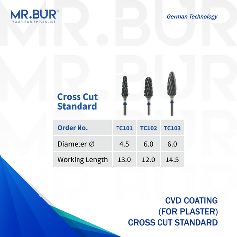 Mr. Bur CVD Coated Cross Cut Standard Tungsten Carbide Bur for Plaster, available in 3 variants with head sizes of 4.5mm and 6.0mm, ensuring precise shaping, smooth cutting, and efficient material removal.