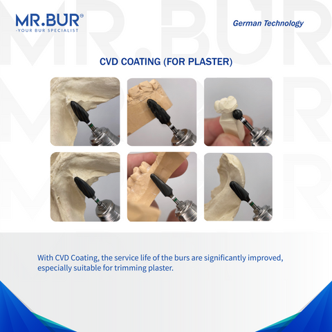 The image shows Mr. Bur CVD Coated Cross Cut Standard Tungsten Carbide Bur for Plaster in use, demonstrating efficient material removal, precise shaping, and smooth cutting performance.