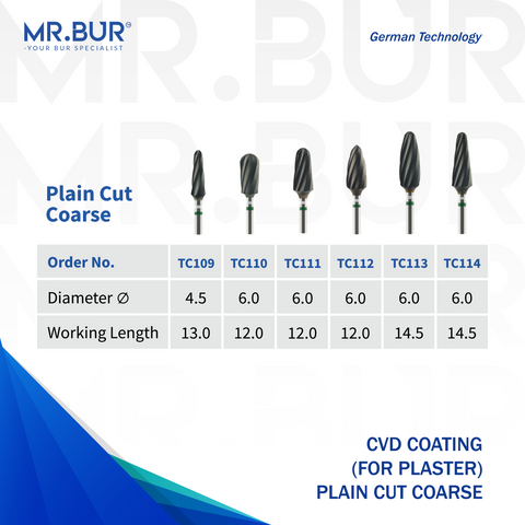 Mr. Bur CVD Coated Plain Cut Coarse Tungsten Carbide Bur for Plaster, available in 6 variants with head sizes of 4.5mm and 6.0mm, ensuring precise cutting, durability, and efficient material removal.