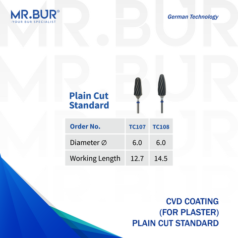 Mr. Bur CVD Coated Plain Cut Standard Tungsten Carbide Bur for Plaster, available in 2 variants with 12.7mm and 14.5mm head length, ensures precise shaping, smooth cutting, and efficient material removal for plaster adjustments.