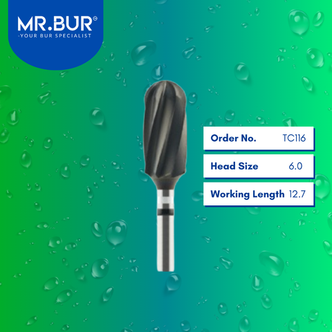 Mr. Bur TC116 CVD Coated Plain Cut Super Coarse Tungsten Carbide Bur for Plaster is ideal for plastering, restorative work, prosthodontics, denture technique, and 3D acrylic denture procedures.