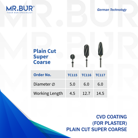 Mr. Bur CVD Coated Plain Cut Super Coarse Tungsten Carbide Bur for Plaster, available in 3 variants with head sizes of 5.0mm and 6.0mm, ensuring fast material removal and precise contouring.