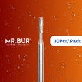 Optimize dental care with Mr. Bur 30pcs Cylinder Carbide Bur (Cross Cut) for anterior/posterior teeth, cavity prep, composite filling, crown removal, decay removal, debonding, finishing, orthodontic, and pre-polishing.