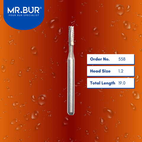 Mr. Bur 558 Cylinder Carbide Dental Bur FG (Cross Cut, Plain Cut) are tools used in multiple dental procedures, ideal for anterior and posterior teeth, cavity preparation, composite filling, crown removing, removing decay/debris, trimming, and preparation.