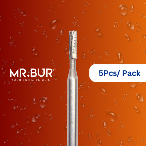 Optimize dental care with Mr. Bur 5pcs Cylinder Carbide Bur (Cross Cut) for anterior/posterior teeth, cavity prep, composite filling, crown removal, decay removal, debonding, finishing, orthodontic, and pre-polishing.