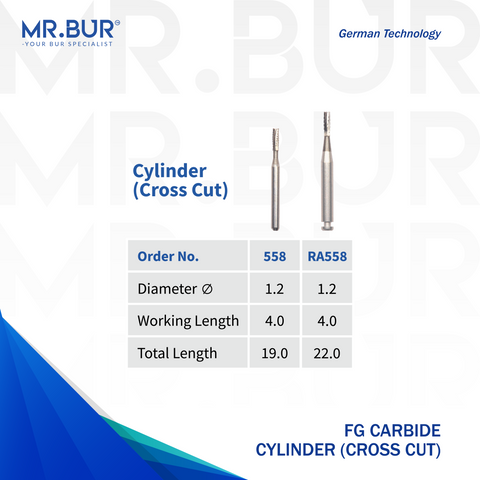 Image showing two variants of Mr. Bur Cylinder Carbide Bur FG, available in cross cut, ensures precise, efficient cutting for cavity and crown preparations, enhancing accuracy, control, and procedural efficiency, with head size of 1.2mm.