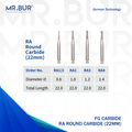 Image showing four variants of Mr. Bur FG Carbide RA Round Carbide Bur 22mm ensures precise, efficient cutting for cavity preparation and surgical procedures, enhancing accuracy and control, with head size of 0.6mm, 1.0mm, 1.2mm and 1.4mm. 