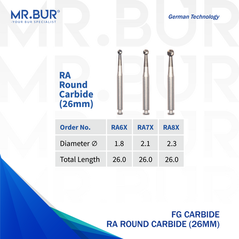 Image showing three variants of Mr. Bur FG Carbide RA Round Carbide Bur 26mm ensures precise, efficient cutting for cavity preparation and surgical procedures, enhancing accuracy and control, with head size of 1.8mm, 2.1mm and 2.3mm.