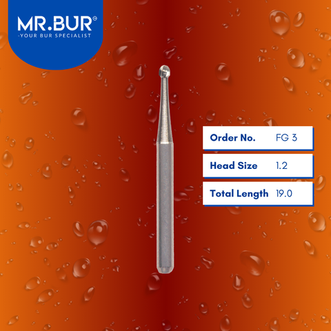 Mr. Bur FG 3 Round Ball Carbide Bur FG 19mm is used in multiple dental procedures, ideal for anterior and posterior teeth, cavity and crown preparation, endo access, fillings (including composite and removal of old fillings), open access, prophylaxis, trimming, and preparation.