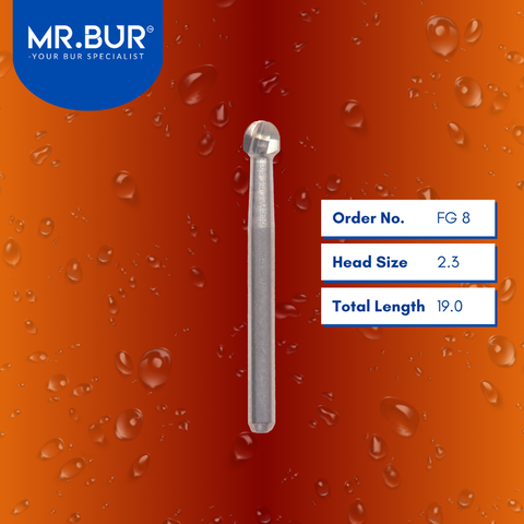 Mr. Bur FG 8 Round Ball Carbide Bur FG 19mm is used in multiple dental procedures, ideal for anterior and posterior teeth, cavity and crown preparation, endo access, fillings (including composite and removal of old fillings), open access, prophylaxis, trimming, and preparation.