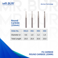 Image showing four variants of Mr. Bur Round Ball Carbide Bur FG 25mm ensures precise cavity preparation and efficient cutting for restorative and surgical dental procedures, with head size of 0.6mm, 1.0mm, 1.2mm and 1.4mm.