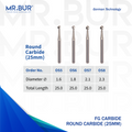 Image showing four variants of Mr. Bur Round Ball Carbide Bur FG 25mm ensures precise cavity preparation and efficient cutting for restorative and surgical dental procedures, with head size of 1.6mm, 1.8mm, 2.1mm and 2.3mm.