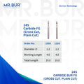 This picture shows Mr. Bur high quality 245 burs FG Carbide Burs with order no. 1558 & 1158 specially made for Amalgam preparation and for smoothing occlusal walls, which is better quality than ss white and eagle dental.