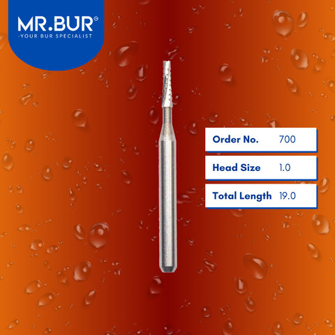 Mr. Bur 700 Taper Flat End Carbide Bur FG (Cross Cut) are tools used in multiple dental procedures, ideal for anterior and posterior tooth work, bone cutting, bone grafting, cavity preparation, crown preparation, removing decay/debris, sectioning wisdom teeth, trimming, and preparation.