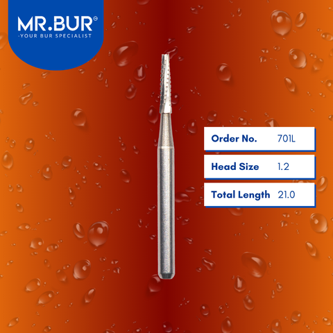 Mr. Bur 701L Taper Flat End Carbide Bur FG (Cross Cut) are tools used in multiple dental procedures, ideal for anterior and posterior tooth work, bone cutting, bone grafting, cavity preparation, crown preparation, removing decay/debris, sectioning wisdom teeth, trimming, and preparation.