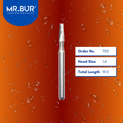 Mr. Bur 702 Taper Flat End Carbide Bur FG (Cross Cut) are tools used in multiple dental procedures, ideal for anterior and posterior tooth work, bone cutting, bone grafting, cavity preparation, crown preparation, removing decay/debris, sectioning wisdom teeth, trimming, and preparation.