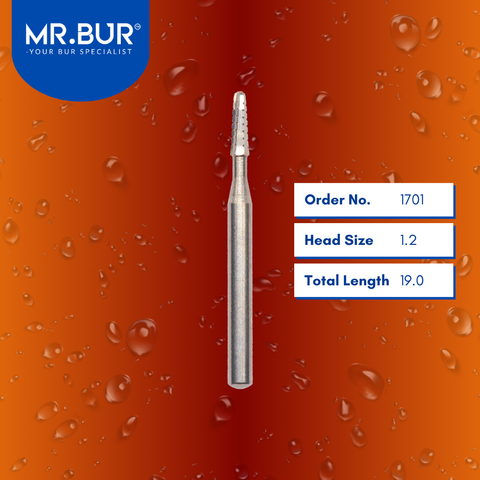 Mr. Bur 1701 Taper Round End Carbide Dental Bur FG (Cross Cut and Plain Cut) are tools used in multiple dental procedures, ideal for amalgam removal, cavity preparation, composite filling, occlusal reduction, debonding, finishing, orthodontics, and pre-polishing.