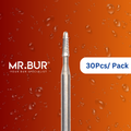 Enhance dental care with Mr. Bur 30pcs Taper Round End Carbide Bur FG (Cross Cut & Plain Cut) for amalgam removal, anterior/posterior teeth, cavity prep, composite filling, occlusal reduction, debonding, finishing, orthodontic, and pre-polishing.