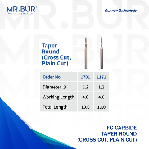 Image showing two variants of Mr. Bur Taper Round End Carbide Bur FG, available in cross cut and plain cut, ensures precise cutting for cavity and crown preparations, enhancing accuracy and efficiency, with head size of 1.2mm.