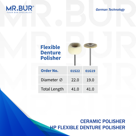 The image showing 2 variation of Mr. Bur ceramic polisher burs, ensures precise, smooth polishing for flexible dentures, enhancing aesthetics, comfort, and durability.