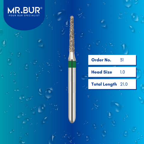 Mr. Bur 849L tapered round end diamond bur 31 are tools used in multiple dental procedures. ISO 806 314 194 693 010 FG, Their tapered round end heads are ideal for for effective crown and bridge preparation, chamfer margin preparation, and trimming and preparation for all composite materials. 