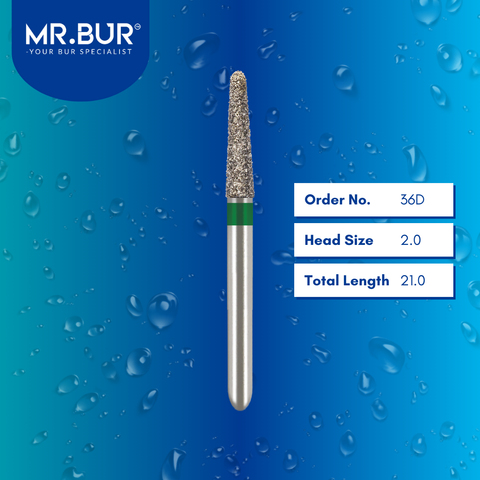 Mr. Bur 856 tapered round end diamond bur 36D are tools used in multiple dental procedures. ISO 806 314 194 534 020 FG, Their tapered round end heads are ideal for for effective crown and bridge preparation, chamfer margin preparation, and trimming and preparation for all composite materials. 