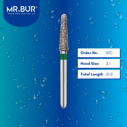 Mr. Bur 856 tapered round end diamond bur 37C are tools used in multiple dental procedures. ISO 806 314 194 534 021 FG, Their tapered round end heads are ideal for for effective crown and bridge preparation, chamfer margin preparation, and trimming and preparation for all composite materials. 