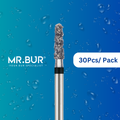 Optimize dental care with Mr. Bur 30pcs Hybrid Spiral Cool Cut Super Coarse Diamond Bur FG for crown cutting, precise straight lines, and quick removal of ceramic, zirconia, PFM, and metal crowns.