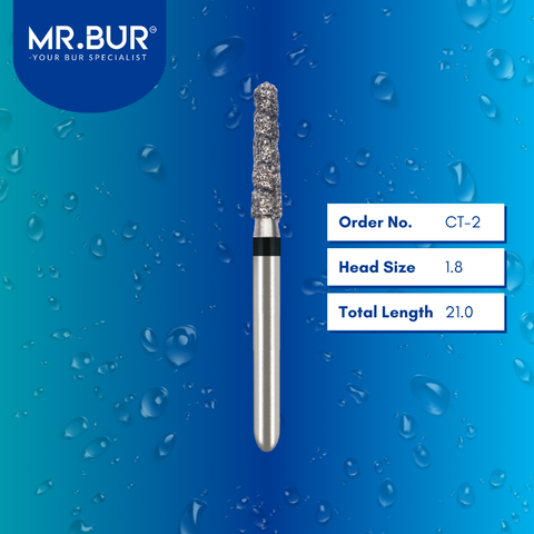 Mr. Bur CT-2 Hybrid Spiral Cool Cut Super Coarse Diamond Bur FG (CT-1 & CT-2) are tools used in dental procedures, ideal for crown cutting, cutting accurate straight lines, and removing old crowns (all ceramic, zirconia, PFM, and metal) within a minute, with superior diamond spiral grit technology ensuring smooth and precise cuts every time.