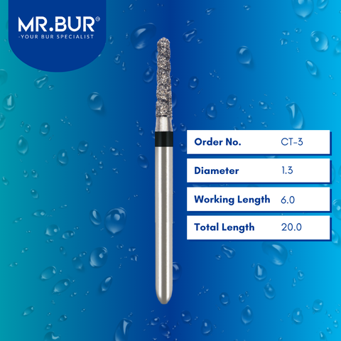 Mr. Bur Hybrid Spiral Cool Cut Super Coarse Diamond Bur FG CT-3, 1.3mm, specially designed for efficient crown cutting, ensuring rapid material removal and reduced heat generation.