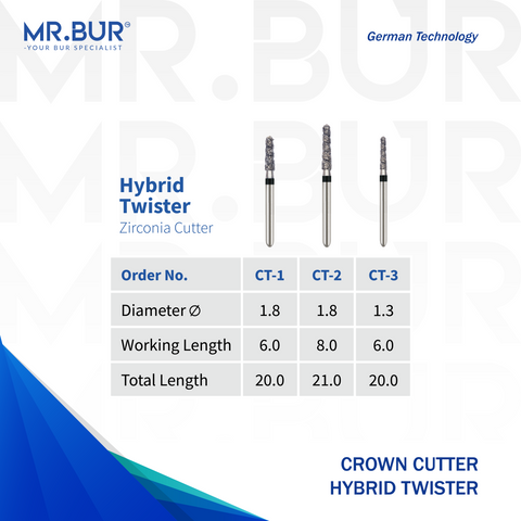 The image showing three variants of Mr. Bur Crown Cutter Hybrid Twister Super Coarse Diamond Bur FG ensures fast, precise crown removal with superior cutting efficiency and durability for optimal dental procedures.