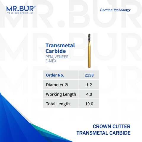 The image showing a variant of Mr. Bur Transmetal Carbide Bur FG Crown Cutter ensures fast, precise crown and bridge removal with high cutting efficiency and durability for optimal dental procedures.