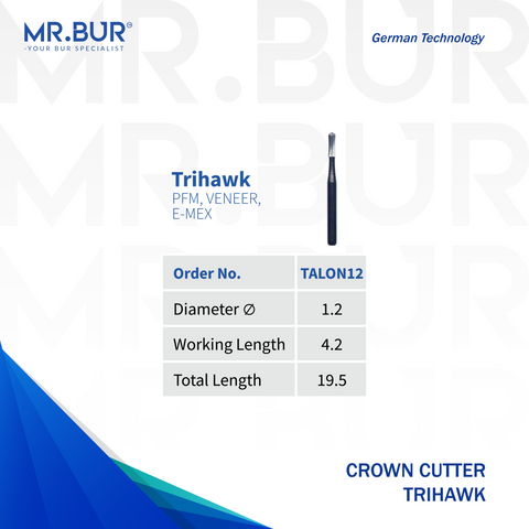 This is a variant of Mr. Bur Trihawk Talon 12 Crown Cutting Bur FG ensures fast, precise crown removal with superior cutting efficiency and durability for optimal dental procedures.